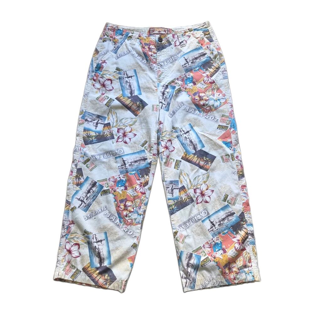 VTG Caribbean Joe Cropped Pants Sz 8 Cotton Tropical Hawaiian Postcard Print